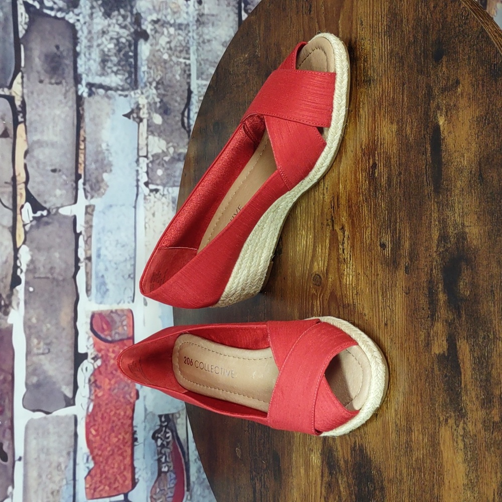206 Collective "Braylon" Red Silk Peep Toe Espadrille Wedges